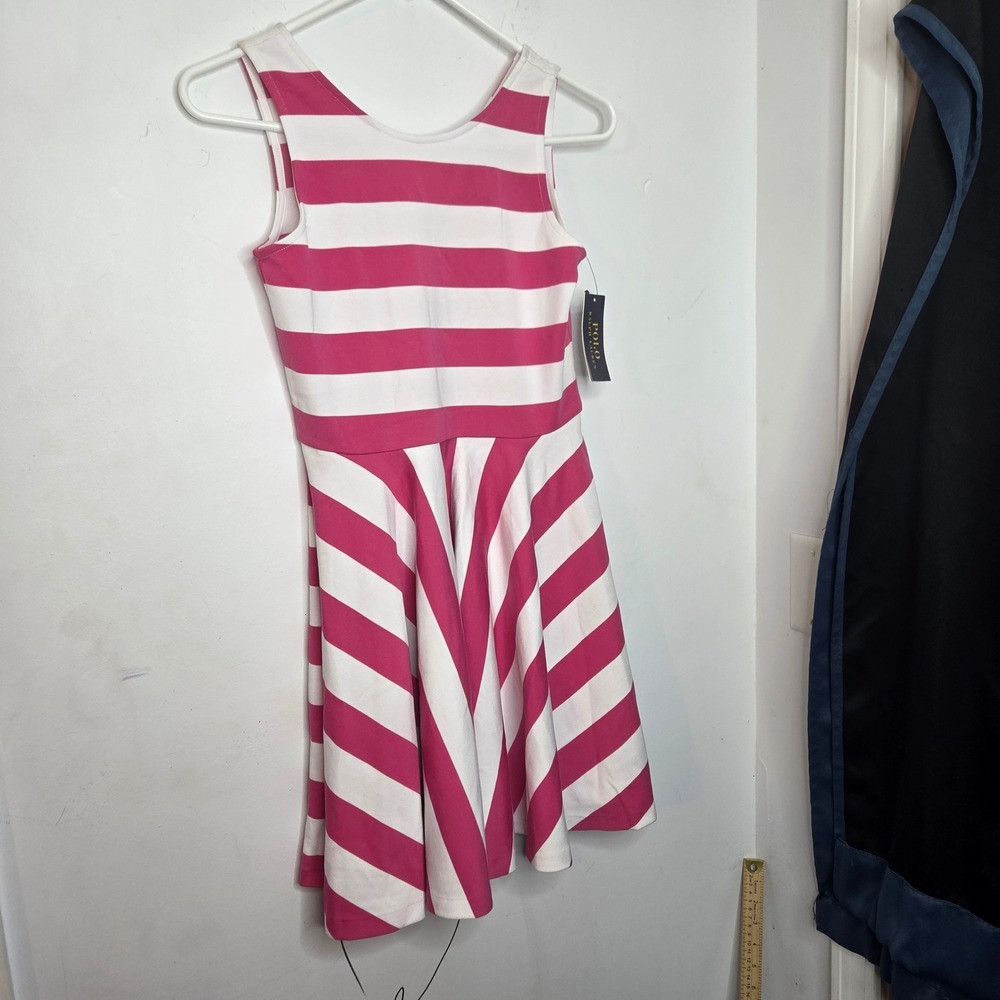 Polo Ralph Lauren Girls Pink White Striped Fit Flare Dress Size L 12-14 NWT